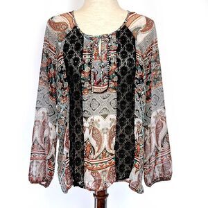 Boho Paisley Long Sleeve Top - Lace Insets, Fig and Flower MED